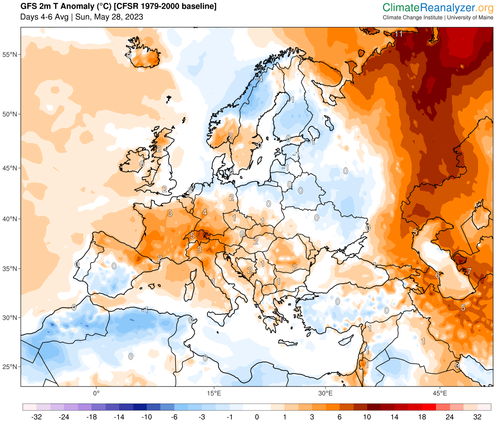 Anomalies de température prévues en Europe, entre les 27 et 29 mai 2023 (copyright : Climate Reanalyzer).