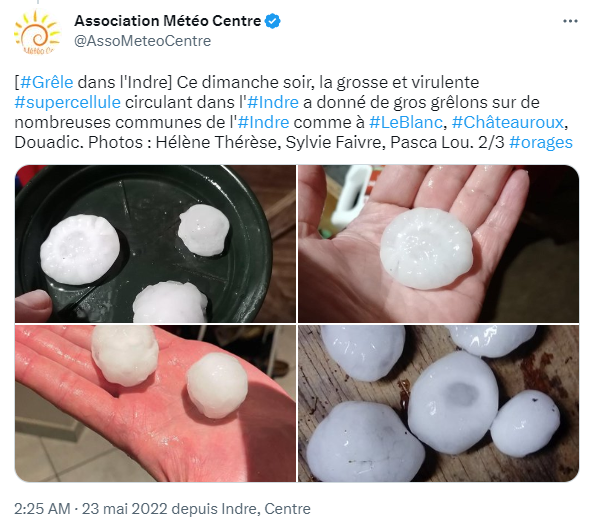 Reports de grêle dans l'Indre, le 22 mai 2022 (copyright : Association Météo Centre).
