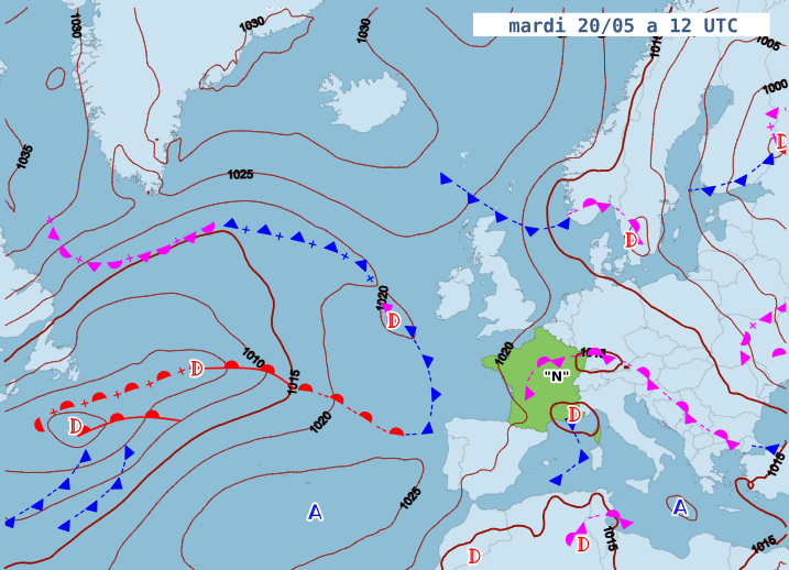 Configuration météorologique prévue ce mardi 20 mai 2025, à la mi-journée (copyright : Météo France).