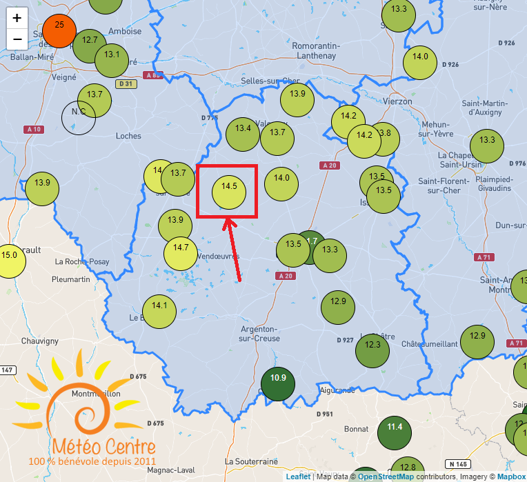 Carte d'observation et position de la station météo de Villegouin (Indre).