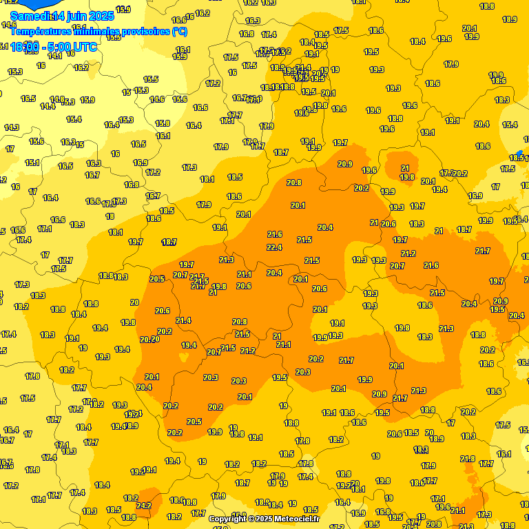 Carte des températures minimales de la nuit du 13 au 14 jun 2025