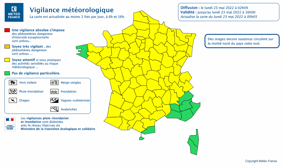 Carte de vigilance Météo France émise le lundi 23 mai 2022 à 02h (copyright : https://vigilance.meteofrance.fr/fr).
