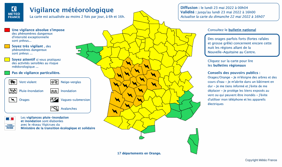 Carte de vigilance Météo France émise le dimanche 22 mai 2022 à 22h (copyright : https://vigilance.meteofrance.fr/fr).