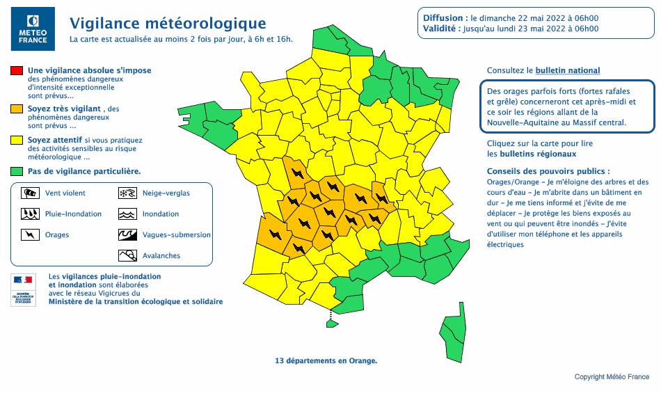 Carte de vigilance Météo France émise le dimanche 22 mai 2022 à 06h (copyright : https://vigilance.meteofrance.fr/fr).